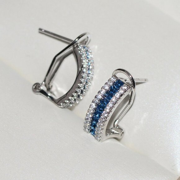 NEW Silver Pave Baguette Blue Sapphire Round Diamond Omega Stud Earrings - Picture 2 of 2